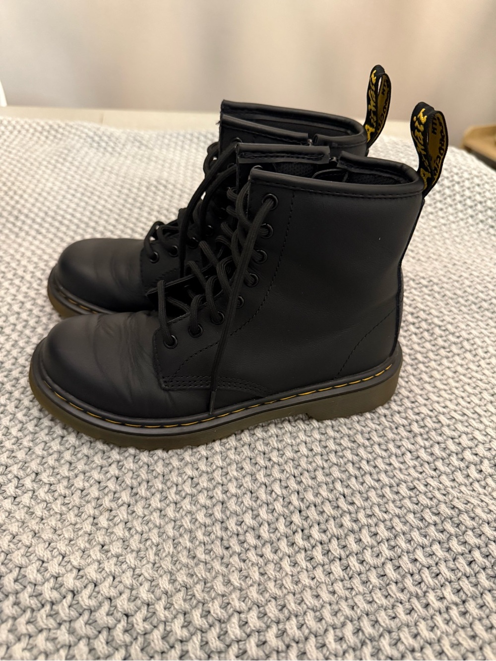 Dr. Martens Black Youth Lace-Up Combat Boots with Yellow Stitching